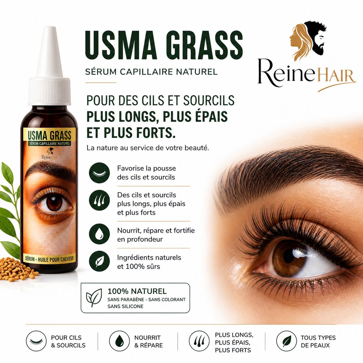 Liquide capillaire à l’Usma Grass pour cils et sourcils – Reine Hair